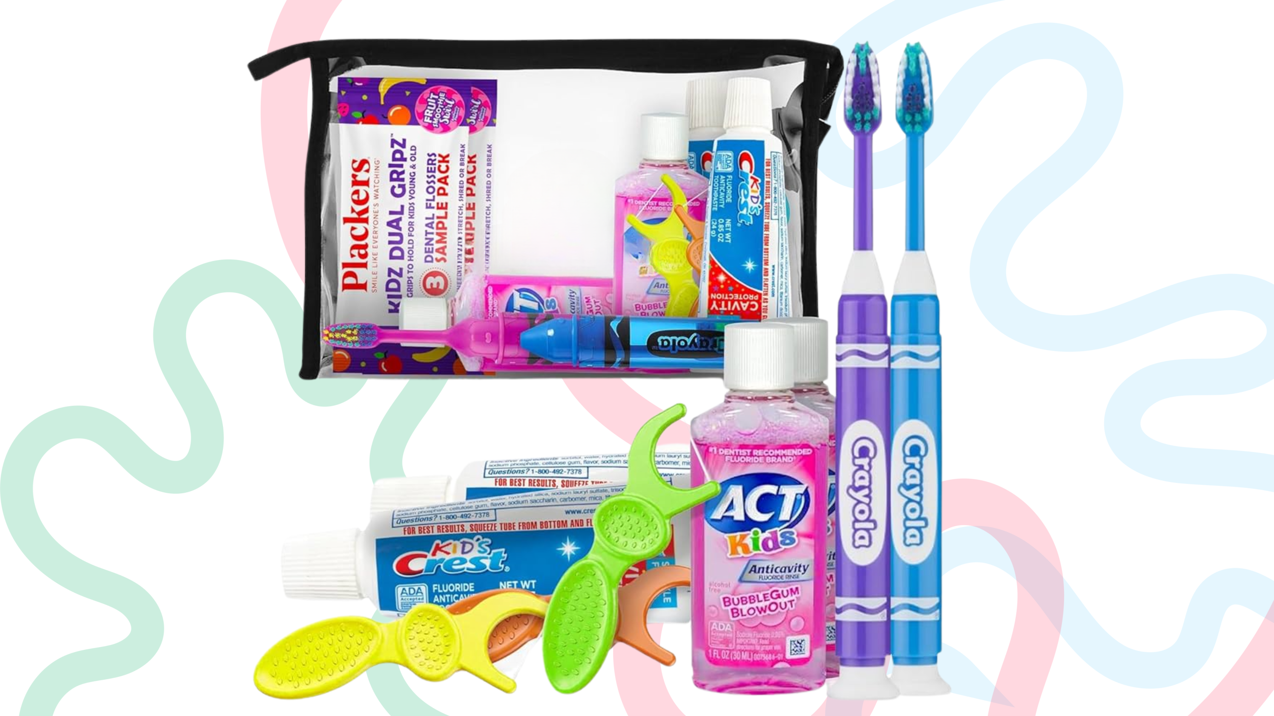 Unique kid's dental travel pack which has a crayon theme.