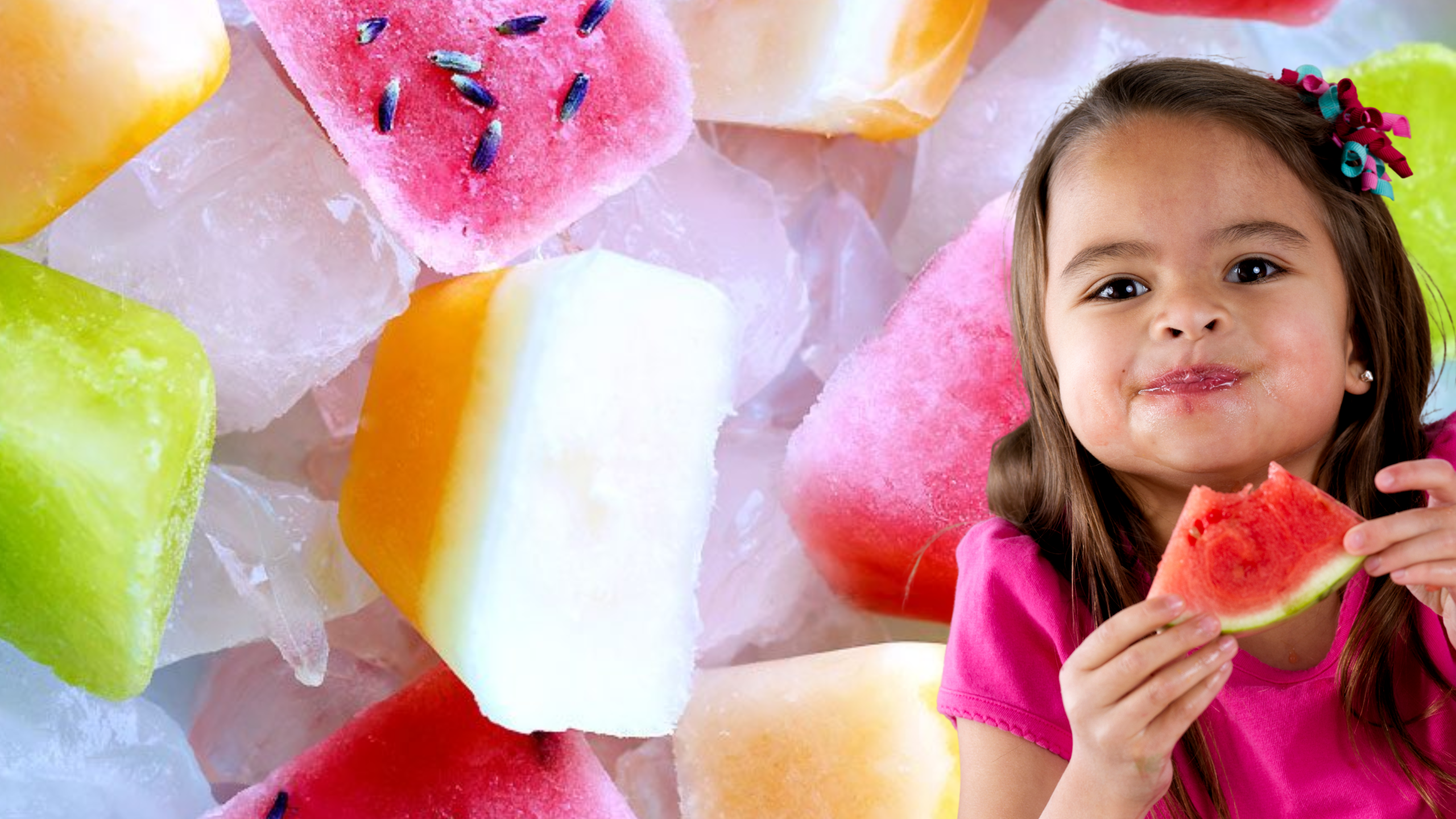A little girl eating a frozen watermelon as a summer treat. the background is fruit fruit ice cubes.