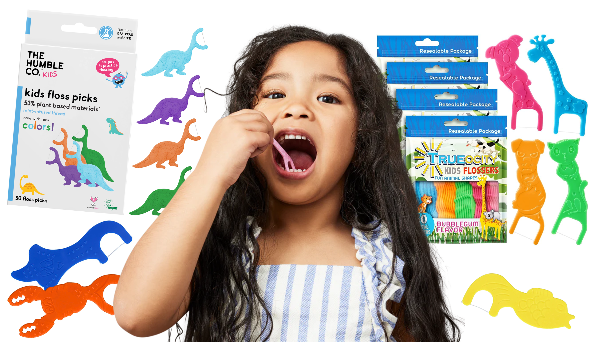 A kid using a fun and colorful floss pick to floss their teeth.
